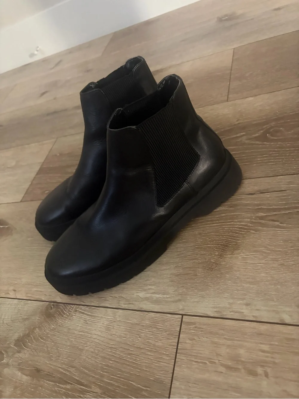 Zara Black Leather Chelsea Platform Booties